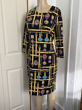 RARE FIND J. McLaughlin Navy & Gold Chain-Print Long Sleeve Sheath Dress